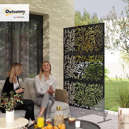 Outsunny Metal Outdoor Privacy Screen, 78" H x 48" W Decorative Privacy Fence Screen, Freestanding Outdoor Divider with Stand, Climbing Plant Trellis for Garden Walkway, Balcony, Patio, Bamboo Black - color: Black/Bamboo