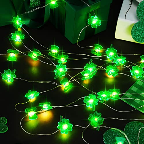 Zhanmai 2 Pcs St. Patrick's Day String Lights Decorations Shamrocks LED Decor 10ft 30 LEDs Horseshoe Leprechaun Hat Fairy Battery Operated Lights,for Green Decor Bedroom Feast Party - style: Shamrock and Hat