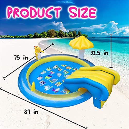 Dinosaur Inflatable Play Center, Kids Round Wading Swimming Pool with Slide, Dinosaur Sprinkle, Mushroom Shade for Kids Children Summer Outdoor Splish Splash, Garden Backyard Water Park, 87"x75"x31.5" - size: 87"