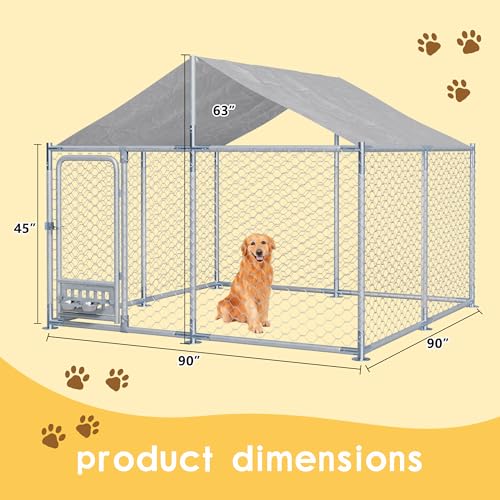7.5 FT Large Outdoor Dog Kennel with Roof, Dog Enclosure w/Rotating Feeder, Heavy Duty Dog Run Playpen with 2 Stainless Bowls, Galvanized Pet House w/Secure Lock, Wateproof Cover - size: 90"×90"×63"-w/rotating feeders