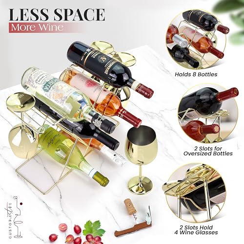 Gusto Nostro Countertop Wine Rack with Glass Holder for 8 Bottles & 4 Glasses - Tabletop Modern Small Wine Rack for Home Kitchen Cabinet Wine Cellar Storage - No Assembly Wine Bottle Holder (Gold) - color: Gold, size: 8 Bottles