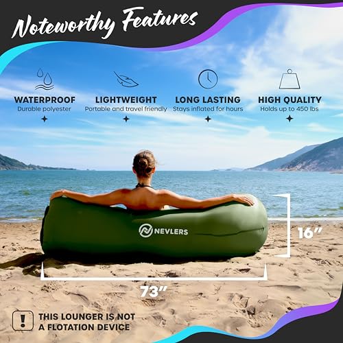Nevlers Military Green Inflatable Lounger | No-Pump Blow Up Couch | 210T Polyester Outdoor Lounger for Use as Music Festival Essentials | Air Couch Inflatable Chair for Kids w/ 450 lbs. Capacity - color: Military Green, size: 1 Pack