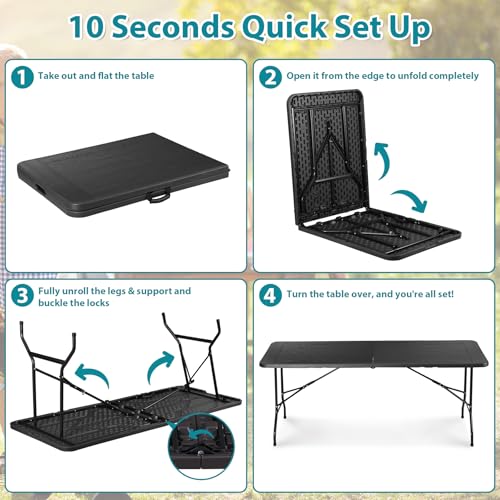 ZENY 6ft Portable Folding Table Plastic Indoor Outdoor Picnic Party Camp Dining Table with Handle (Black, 71" x 27") - color: Black, size: 71" x 27"