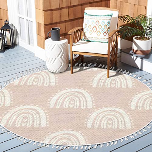 Round Boho Rug Kids Hand Drawn Seamless with Pink Pastel Rainbows Summer for Baby Area Rug Linen Rug Carpet Patio Rug 3 ft - color: Multi3, size: 3 ft
