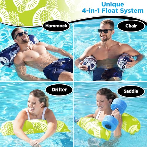 Waterlife 4-in-1 Pool Hammock 2-3-4 Packs, Inflatable Pool Chair Float, Water Hammock (Saddle, Lounge Chair, Hammock, Drifter), Multiple Colors - color: Navy Blue & Green