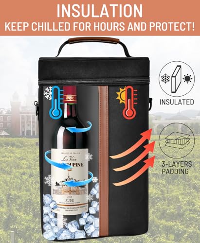 Insulated Wine Bag - Wine Bottle Carrier Tote Cooler Bags for Gifts Travel Picnic Beach, Black - 2 Bottle - color: Black, size: 2 Bottles