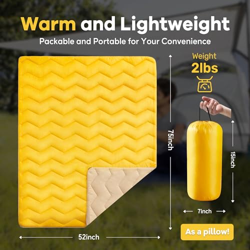 UNIKOME Waterproof Puffy Camping Blanket - Lightweight Packable Outdoor Quilt with Corner Loops, Warm Compact Blanket for Cold Weather Hiking Picnic Stadium Travel, 75"×52", Yellow - color: 07 Yellow