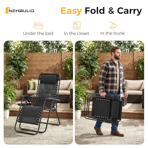 NEWBULIG Zero Gravity Chair Set of 2, Lounge Chair Folding Portable Adjustable Camping Reclining Chairs with Adjustable Pollow, Mesh Back, Cup Holder Trays Lawn Patio Chair for Pool Beach - Black - color: Modern Black, size: 2 Pack