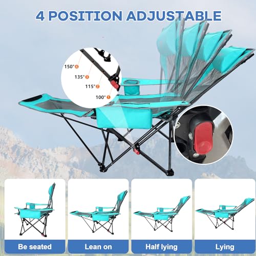 Reclining Camping Chair 4 Position with Foot Rest Comfortable for Adults 265Ibs Folding Lounger Mesh Beach Chair with Cooler Bag and Cup Holder for Outdoor Patio - color: Cyan, style: Single - No Cotton Pad
