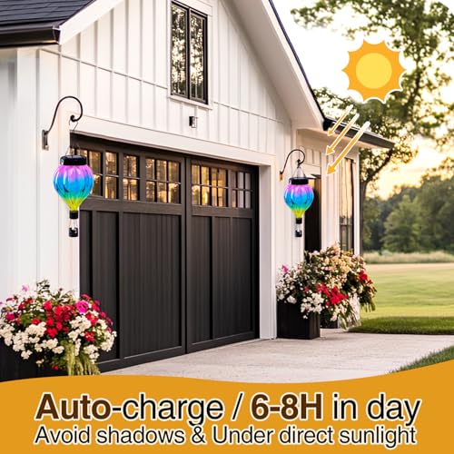 Hot Air Balloon Hanging Solar Lantern Outdoor Waterproof with Flickering Flame Gifts for Women Grandma Mom Glass Hanging Solar Lights Decorative for Outside Wall Front Porch Yard Garden Fence - color: Pink & Blue