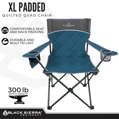 Black Sierra Quilted Padded Camping Chair, Oversized Heavy Duty Outdoor Lounge Seat Supports 300 lbs, Portable, Folding with Cup Holder for Beach, Tailgating, Sports, Patio - color: Blue