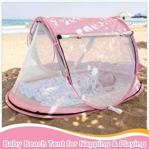 Baby Beach Tent, Pop Up Beach Tent Sun Shade for Beach, UPF 50+ UV Protection Sun Shelters for Infants with Carry Bag for Outdoor Travel, Camping(Pink) - color: Pink