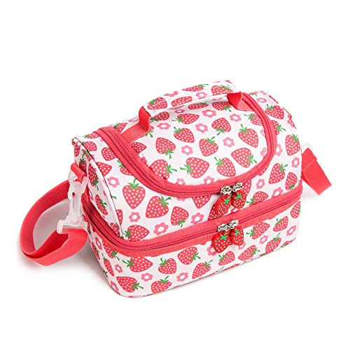 Insulated Kids Dual Compartment Lunch Bags Tote for Girls Boys Toddler Lunch Boxes Pre-School Toddler Kindergarten Picnic Camp Food Cooler Thermal with Strap (Bright Strawberry) - color: Bright Strawberry