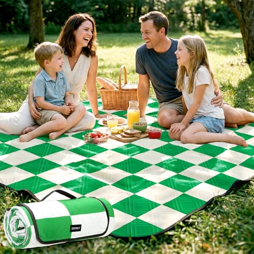 Doonly Picnic Blanket, 78" x 78" Large Waterproof Sandproof Beach Blanket, Foldable Outdoor Blanket Gingham Picnic Mat for Beach, Camping, Park, Grass, Lawn, Travel (Green) - color: Green
