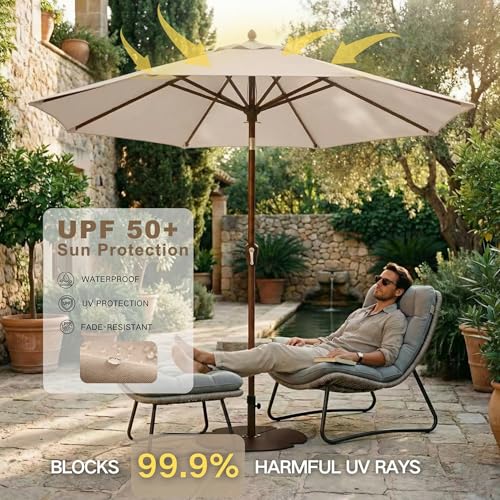 Kingdura 9FT Outdoor Patio Umbrella, Market Table Umbrella with Push Button Tilt and Crank, 8 Sturdy Fiberglass Ribs, UV Protection for Pool, Lawn, Deck, Backyard, Garden (Beige) - color: Beige, size: 9 Ft