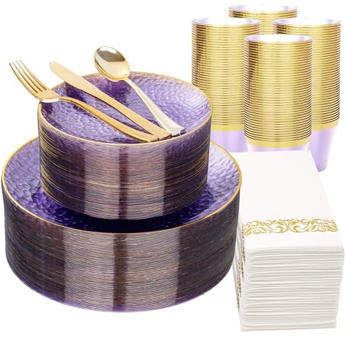 DaYammi 350 Pcs Clear Purple Gold Plastic Plates, Hammered Disposable Dinnerware, Clear Purple Plates Set Include 100 Plastic Platos, 150 Gold Disposable Silverware, 50 Cups And 50 Napkins for Party - color: Clear Purple, size: 350 Pcs
