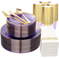 DaYammi 350 Pcs Clear Purple Gold Plastic Plates, Hammered Disposable Dinnerware, Clear Purple Plates Set Include 100 Plastic Platos, 150 Gold Disposable Silverware, 50 Cups And 50 Napkins for Party - color: Clear Purple, size: 350 Pcs