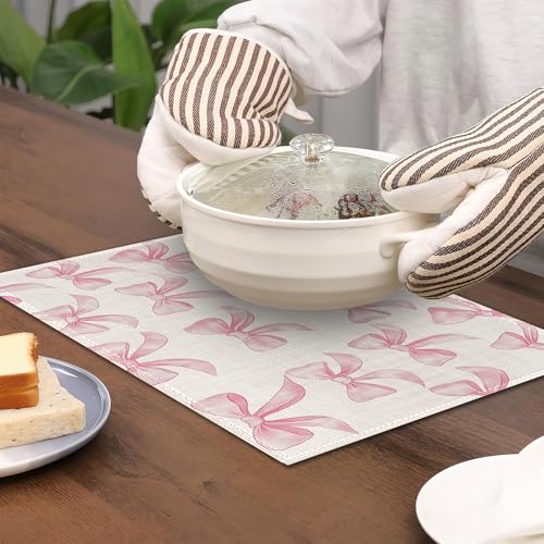 Pink Bows Placemats Set of 6,Cute Waterproof Non-Slip Washable Table Mats for Kitchen Dining Holiday Party Wedding Decor 12x18 Inch - color: Pink Bows,cute