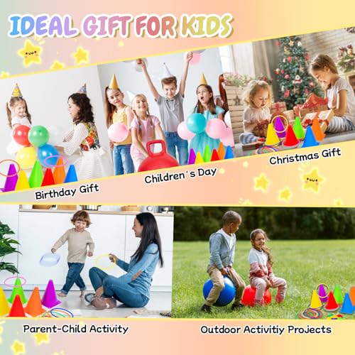 JOY SPOT! Carnival Outdoor Games Combo Set for Kids, 18 Inch Hopper Balls with Handles, Ring Toss, Bean Bags, Egg Spoon Relay Race, Fun for Backyard, Field Day, School, Birthday Parties, Family Events - style: Standard