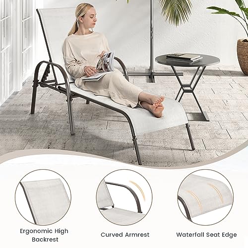 Giantex Set of 2 Patio Lounge Chair, Outdoor Chaise Lounge with 5 Adjustable Backrest, Sturdy Steel Frame, Sunbathing Recliner, Beach Chair, Tanning Chair for Outside, Yard, Balcony, Pool Chairs, Grey - color: Grey