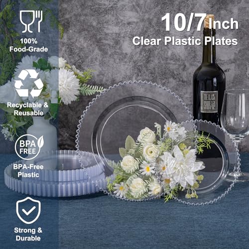 U-QE 60PCS Clear Plastic Plates - Fancy Beaded Plates Disposable Heavy Duty - Premium Hard Plastic Plate for Party, Wedding & Birthday Including 30 Dinner10 & 30 Dessert Plate 7" - color: Clear