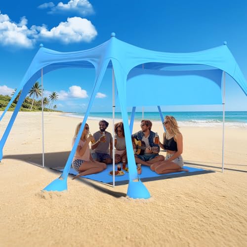 Suteck Beach Tent Sun Shelter with Sidewall, Easy Set Up 10x10ft Beach Canopy, Outdoor Sun Shade with UPF 50+UV Protection, 8 Sandbags, 4 Stability Poles for Camping, Fishing or Picnics(Sky Blue) - color: Sky Blue