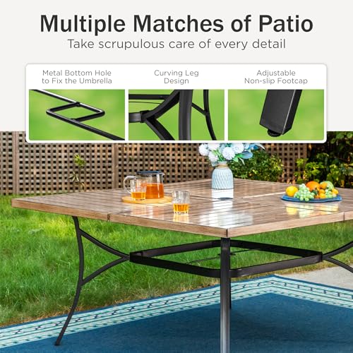 PHI VILLA 9 Pieces Outdoor Dining Set for 8, 57.5" Brown Square Metal Table with Umbrella Hole & Stackable Black Wrought Iron Chairs, Large Outside Furniture Set for Patio, Deck, Yard, Porch - color: Net Back Chair, size: 9PCS-57.5" Wood-like Table