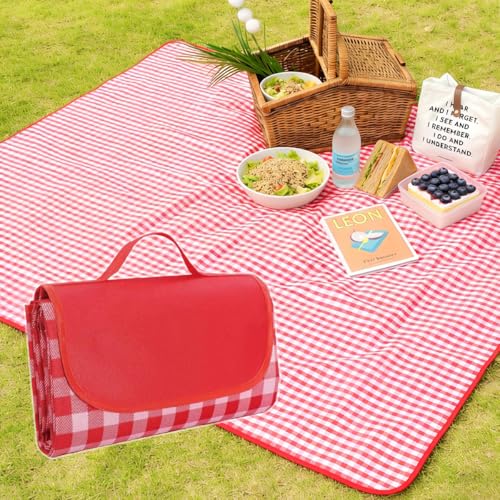 Extra Large Picnic Outdoor Blanket, 80''x80'' Waterproof Sand Beach Mat, Foldable Blankets Gingham Picnic Mat for Beach Camping Grass Lawn Park Hiking Travel Accessories Family Concerts(Red White) - color: Red, size: 80''x80''