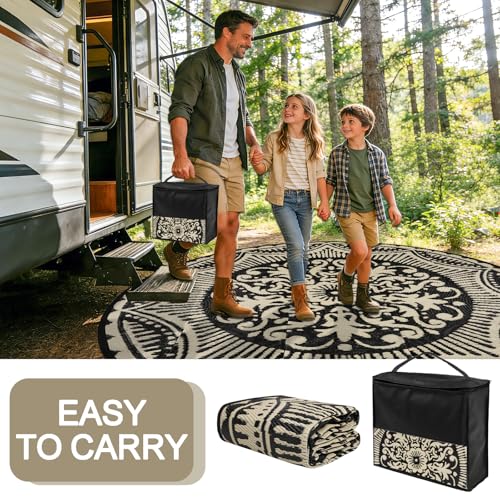 Capslpad 8x8 Floral Outdoor Rug for Patio Clearance Reversible Mat Round Portable Plastic Straw Carpet Waterproof Boho Indoor Outside Area Rugs for RV Camping Picnic Balcony Deck, Black and Brown - color: Black&brown, size: 8' (Round)
