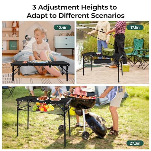 Folding Camping Table with Storage Net,3ft Portable Aluminum Folding Table with 3 Adjustable Height Max 27.3 Inch for Outdoor Backyard BBQ Picnic Cooking Tents Beach Indoor Bedroom（Black） - color: Black