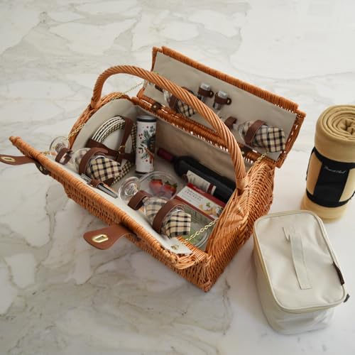 Picnic at Ascot Yorkshire Willow Picnic Basket with Service for 4 with Blanket - London Plaid
