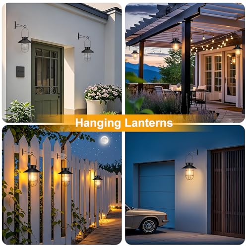 pearlstar 2 Pack Solar Lights Outdoor, Hanging Solar Lanterns with Edison Bulb and 2 x 32 Inch Shepherd Hooks, Waterproof Landscape Lighting for Garden Patio Yard Pathway Driveway Lawn (Black) - style: Black Lanterns