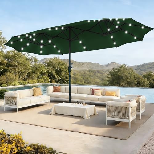 13Ft Large Patio Umbrella with Solar Lights Outdoor Double-Sided Market Table Umbrella Easy Crank for Yard, Poolside, Deck-Green - color: Green, size: 13FT Umbrella+Light