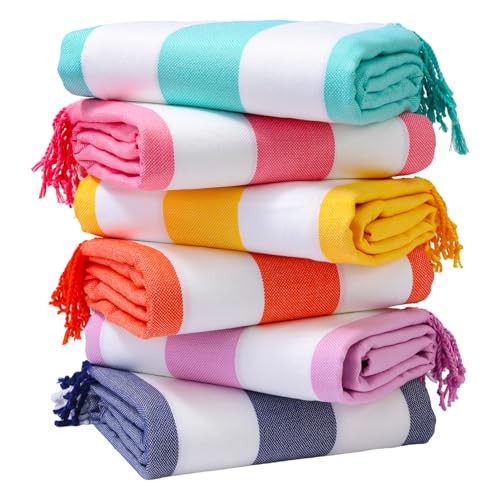 Genovega 6 Oversized Turkish Beach Bath Towel Set Bulk 74"x38" Extra Large Sand Free Quick Dry Swimming Camping Pool Clearance Towels Blanket Essentials Adult Multi Stripes Pink - color: Multi Pink Set