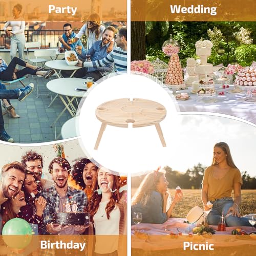 Beaupretty Portable Wooden Picnic Table with Wine Holder for Outdoor Camping and Parties, Foldable Round Wood Snack Table for Patio, Lawn, and Garden Use