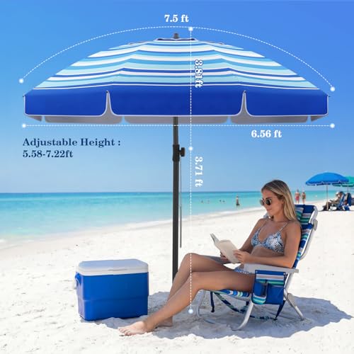 UIRWAY Beach Umbrella, Heavy Duty Windproof Beach Umbrellas with Sand Anchor & Tilt, Sun Protection Portable Beach Umbrella with Carrying Bag for Beach, Patio Garden Pool Outdoor - color: Seaside Blue, size: 8.5FT