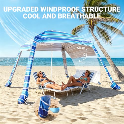 8'x8' Beach Cabana, UPF 50+ Large Beach Canopy with Side Wall, Easy Setup Pop Up Sun Shelter, Adjustable Height & Wind Resistant Beach Tent for 4-6 Person Family, Light Blue