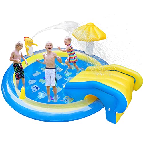 Dinosaur Inflatable Play Center, Kids Round Wading Swimming Pool with Slide, Dinosaur Sprinkle, Mushroom Shade for Kids Children Summer Outdoor Splish Splash, Garden Backyard Water Park, 87"x75"x31.5" - size: 87"
