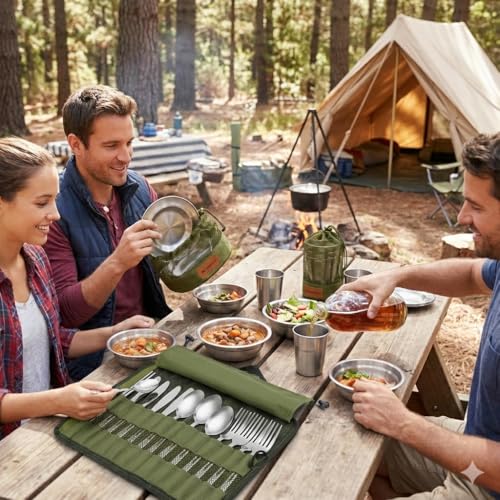 Wealers Unique Complete Messware Kit Polished Stainless Steel Dishes Set| Tableware| Dinnerware| Camping| Buffet| Includes - Cups | Plates| Bowls| Cutlery| Comes in Mesh Bags (4 Person Set) - color: Black