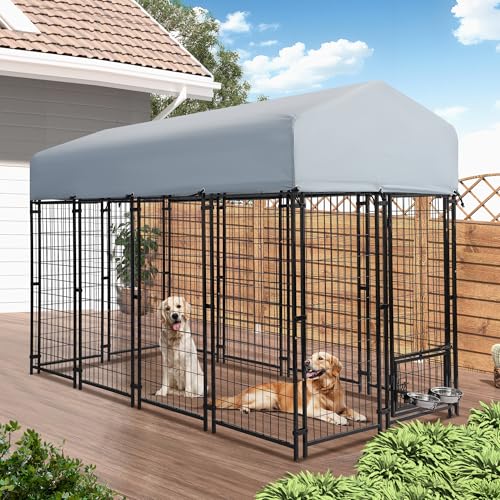 Grepatio 8x4x5.7 FT Outdoor Dog Kennel with Roof, Heavy Duty Dog Cage for Large Dogs, Outside Dog Enclosure with 2 Rotating Dogs Bowls, Welded Wire Steel Dog Kennel Run Playpen Fence with Secure Lock