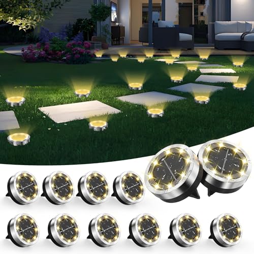 Solar Ground Lights Outdoor, 12 Pack Solar Lights Outdoor Waterproof, Mini Flat Solar-Powered Garden Light, Landscape Lighting for Garden Yard Lawn Pathway Walkway Driveway Backyard Decor, Warm White - color: Warm White, size: 12 Packs