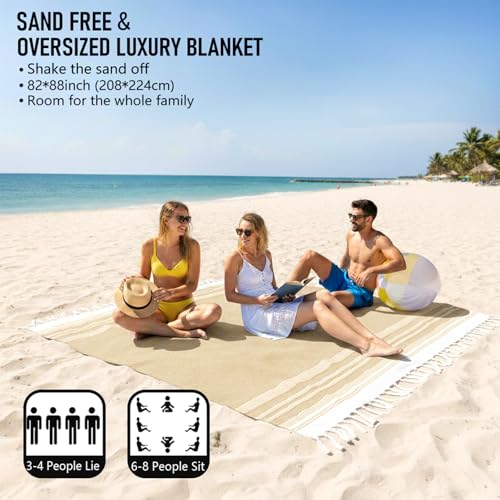 Yongoes Oversized Turkish Beach Towel Blanket Cotton Giant XL Sandproof Towels Huge Linen XXL Extra Large Big Throw Quilt Blankets for Adults Cloud Travel Camping Glamping Accessories Essentials - color: Camel, size: Extra Large 82"x88"（208x224cm）