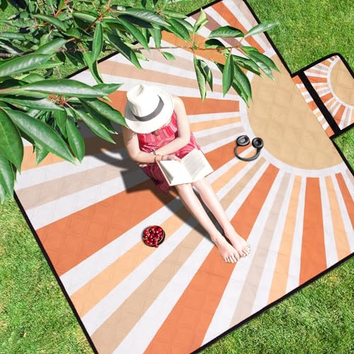 Picnic Blankets Waterproof,79''x79'' Extra Large Foldable Sandproof Beach Blanket,Portable 3-Layer Polyester Outdoor Picnic Blanket for Grass Lawn,Beach,Family Camping,Park,Travel-Starburst Orange - color: Starburst Orange