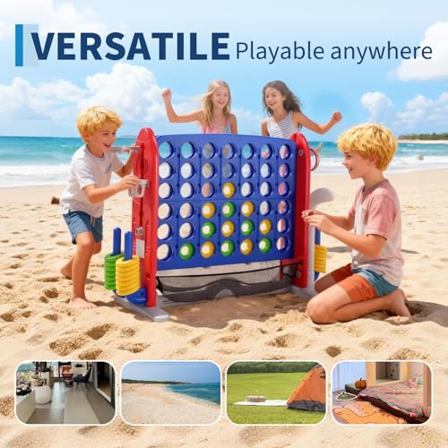 Jumbo 4 in a Row Game, Height Adjustable(2.7-3.2 ft) Outdoor Indoor Connect 4 w/Quick Release, Giant Connect Four with Basketball Hoop, Ring Toss & Net, Backyard Party Game for Adults Kids