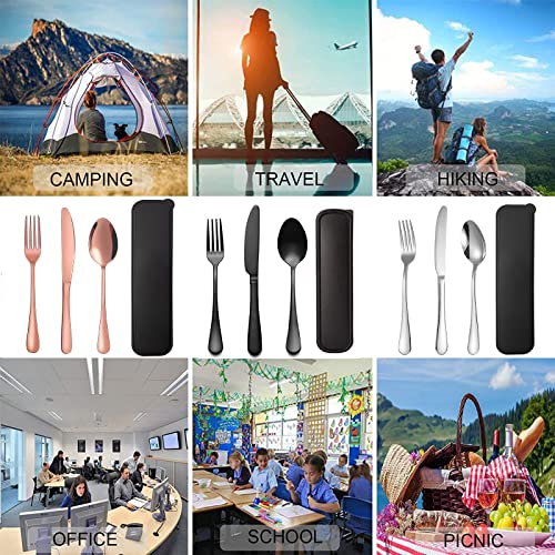 Portable Travel Utensils Set with Case,Reusable Office Flatware Set,Healthy Travel Cutlery Set 3 PCs Stainless Steel Fork, Spoon,Knife Cutlery Ideal for Travel, Lunch Box and Camping (Rose Gold-3PCs) - color: Rose Gold - 3 PCs