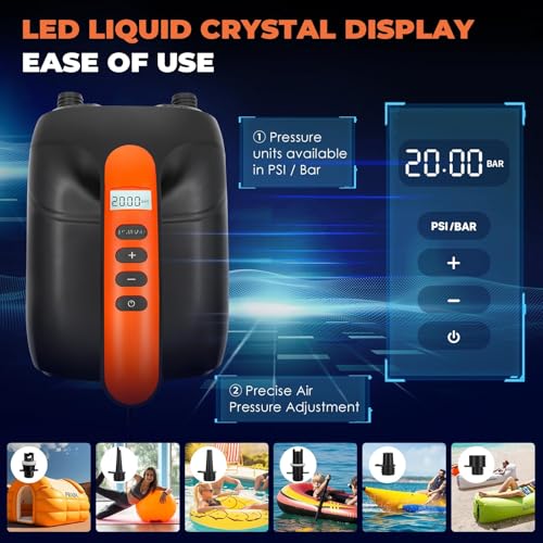 Paddle Board Pump,20PSI High Pressure SUP Electric Air Pump,Dual Stage Inflation SUP Electric Pump for Stand Up Paddle Boards,Boats,Kayak,Inflation & Deflation,12V DC Car Connector - color: Orange