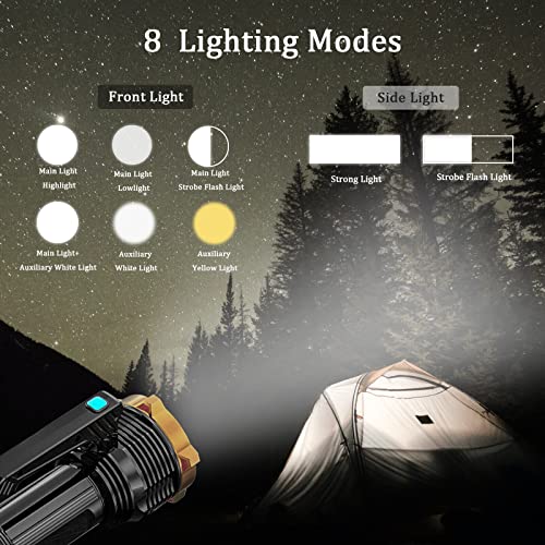 Wrrozz LED Flashlight USB Rechargeable, Super Brightest Flashlight with Sidelight and Hooks, 8 Modes Lighting, Rechargeable Spotlight, Tactical Torch Camping Portable Handheld Flash Light - size: C