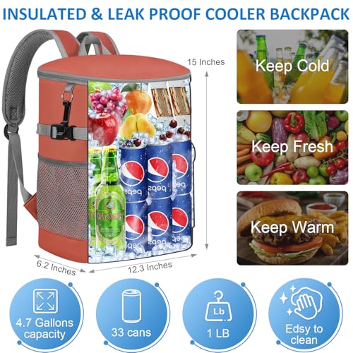 Tenot Cooler Backpack 33/40 Cans Backpack Coolers Insulated Leak Proof Soft Beach Cooler Bag for Men Women Ice Chest Backpack Camping Hiking Picnic Travel Cooler Lunch Backpack - color: Coral Red-Leather, size: 33 Cans