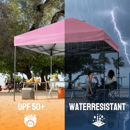 CROWN SHADES 10x10 Pop Up Canopy Tent - Patented Center Lock One Push Instant Outdoor Canopy Beach Tent with STO-N-Go Bag 8 Stakes & 4 Sand Bags，Pink - style: Pink