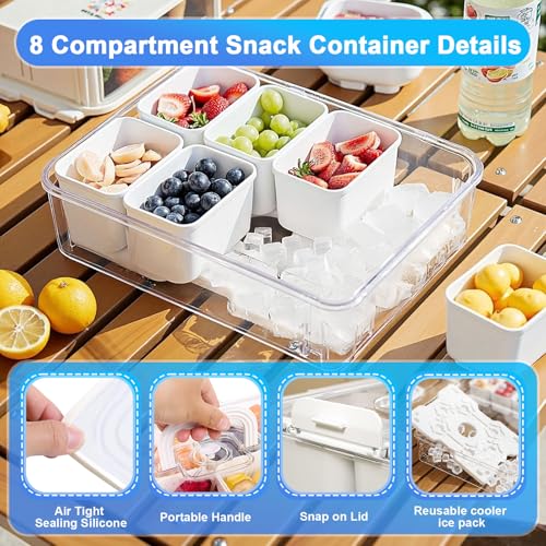 Portable Snackle Box Container with Ice Pack,Snack Container Divided Serving Tray Insulated Bag, Cooling Travel Snacklebox with Lid & Handle,8 Compartment Chilled Serving Tray for Beach,Outdoor,Picnic - color: White